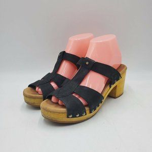 UGG Jennie Black Leather Studded Wood Sandals sz 8